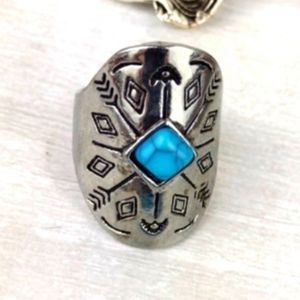 Boho Tribal Southwest Silver & Turquoise Tone Ring